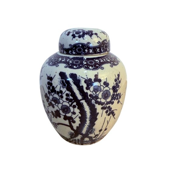 Japanese Ceramic Ginger Jar Pottery Lid VTG Blue Floral Cherry Blossom Storage - Picture 12 of 14